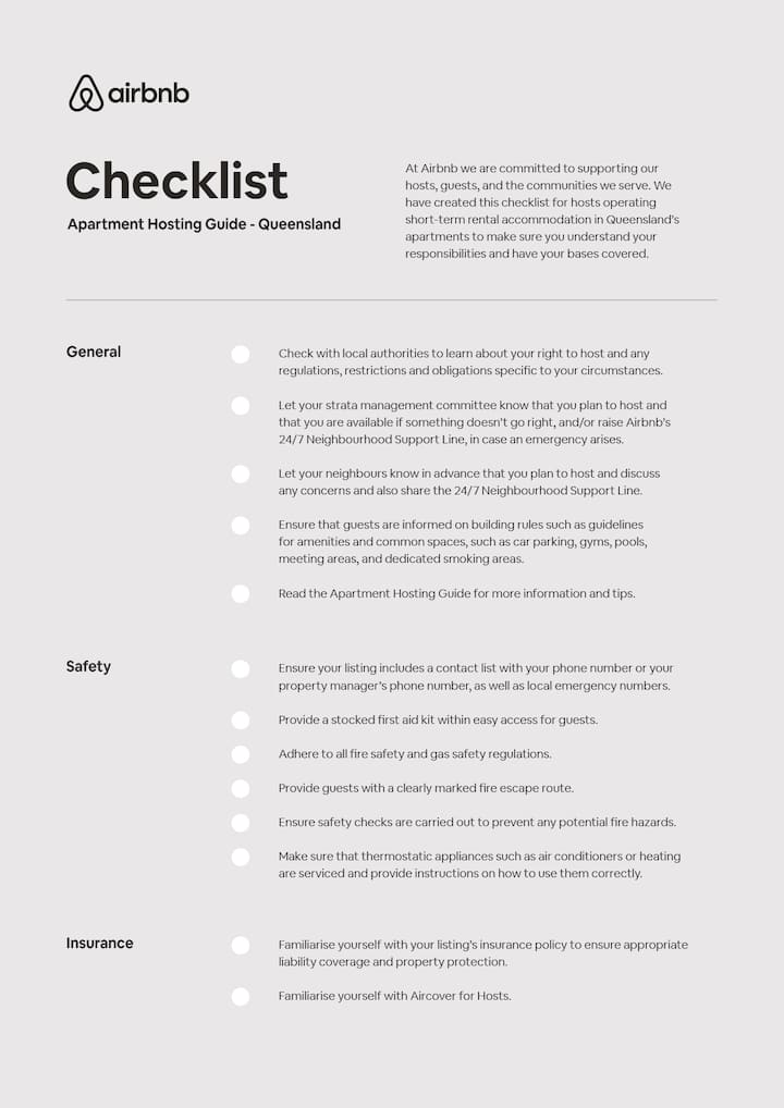 Apartment Hosting Guide checklist by Airbnb, featuring actionable items like local regulations, safety protocols, and liability insurance recommendations for Queensland hosts.