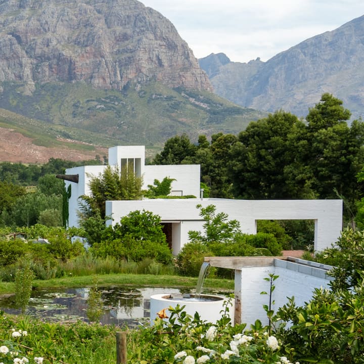 Una moderna casa blanca rodeada de una exuberante vegetación, un estanque en el jardín y un paisaje montañoso al fondo.