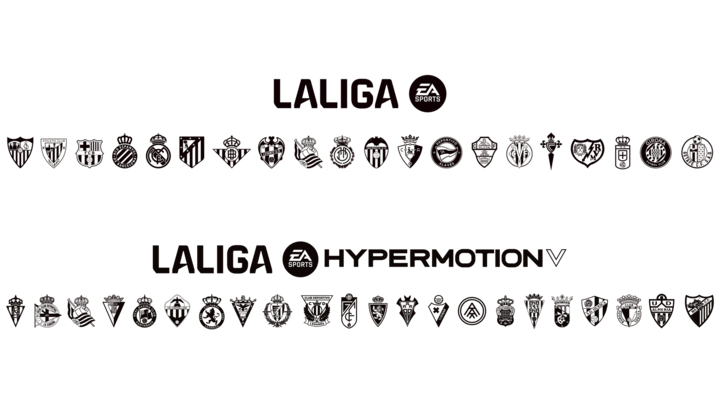 Los logotipos de los equipos de fútbol de LALIGA dispuestos en filas con los textos «LALIGA EA» y «LALIGA Hypermotion V» destacados.