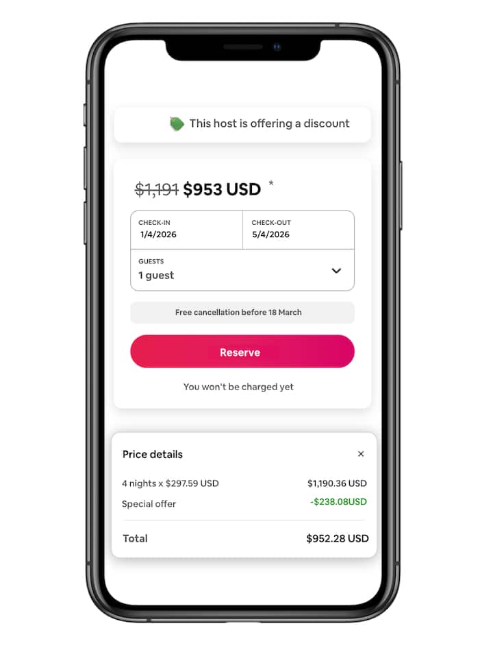 A phone screen showing an Airbnb booking interface with a discounted price of $953 USD, originally $1,191 USD, due to a special offer applied to attract guests.