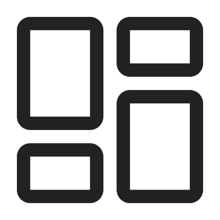 Quatre formes rectangulaires noires de tailles différentes disposées en grille, symbolisant l'agencement ou l'organisation.