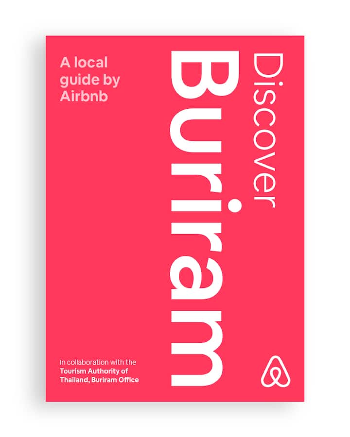 Red cover image titled 'Discover Buriram,' featuring Airbnb's logo and text stating 'A local guide by Airbnb' in collaboration with the Tourism Authority of Thailand, Buriram Office.