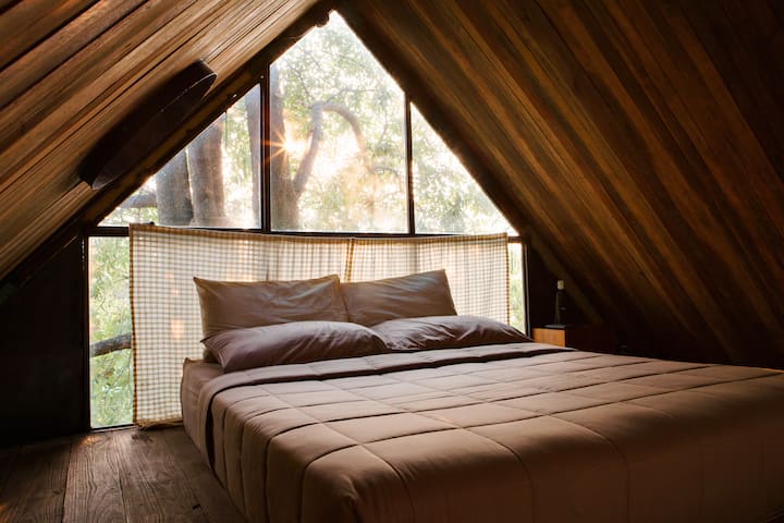 Cozy wooden loft bedroom with a large bed and sunlight streaming through triangular windows overlooking lush trees, reflecting serene natural surroundings.