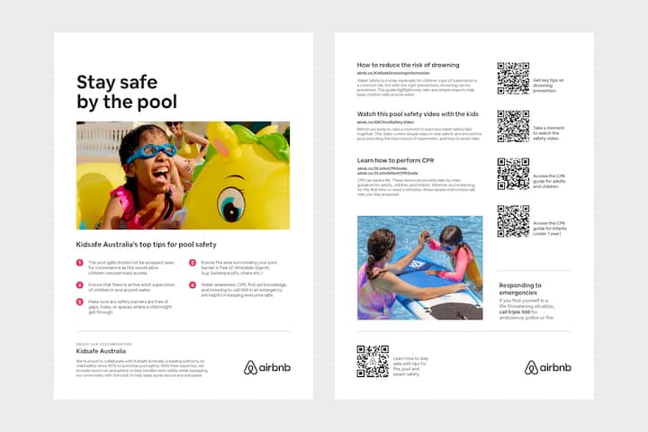 An image of pool safety tips featuring a child with a yellow inflatable toy in the pool, and QR codes offering additional resources on drowning prevention, CPR, and emergency response.