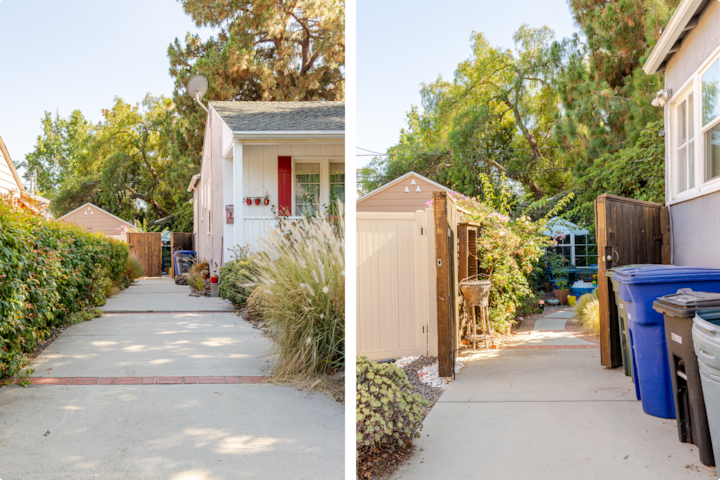 Deux espaces extérieurs comparés : l'un avec une allée bordée de feuillages menant à une maison, et l'autre menant à une cour avec un abri de jardin, des poubelles et des arbres.