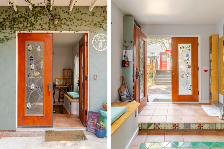 Une comparaison de l'entrée d'un logement de l'extérieur et de l'intérieur, avec une porte en vitrail floral, de la verdure sur la façade extérieure et du carrelage à motifs colorés à l'intérieur.