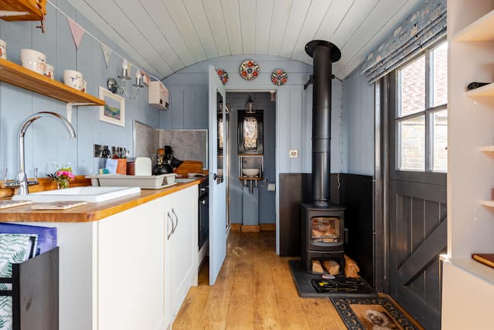 Une cuisine-salon accueillante avec des murs bleu clair, un poêle à bois, un plancher en bois rustique et une kitchenette compacte avec un évier et un plan de travail. Une porte mène à une petite salle de bain à l'arrière.