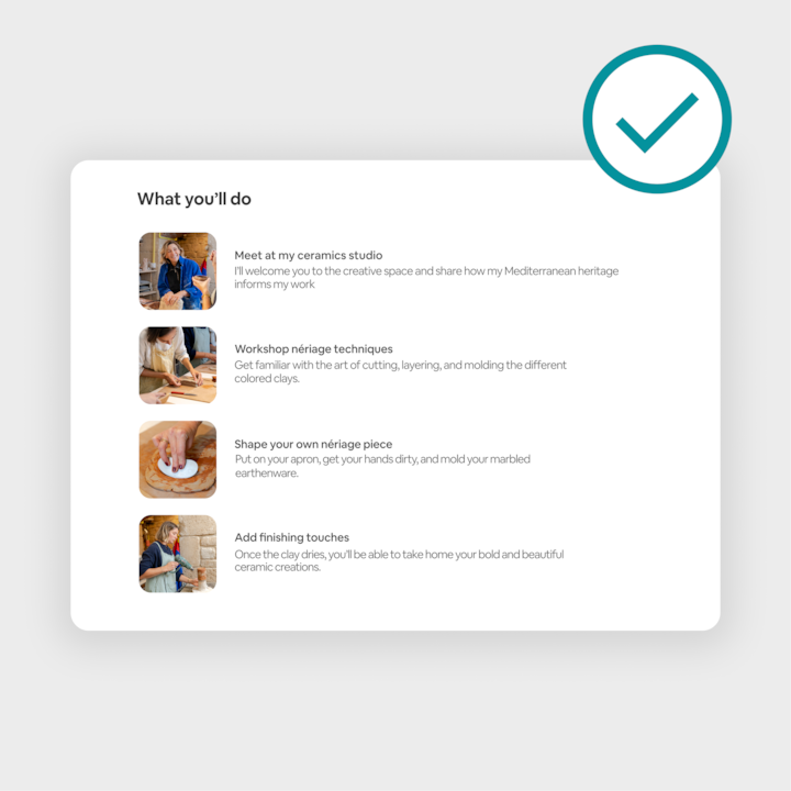 Step-by-step guide for a pottery workshop, detailing activities like visiting the ceramics studio, learning nerikomi techniques, crafting pottery, and completing with a finished product, marked with a green checkmark.