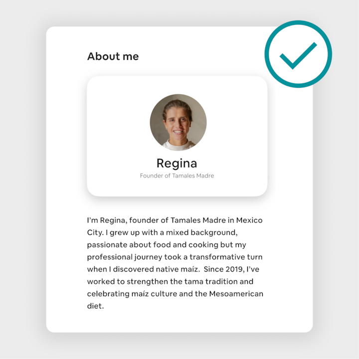 Airbnb experience listing page displaying an 'About me' section with Regina, founder of Tamales Madre, highlighting her journey into maíz culture and Mesoamerican heritage since 2019.
