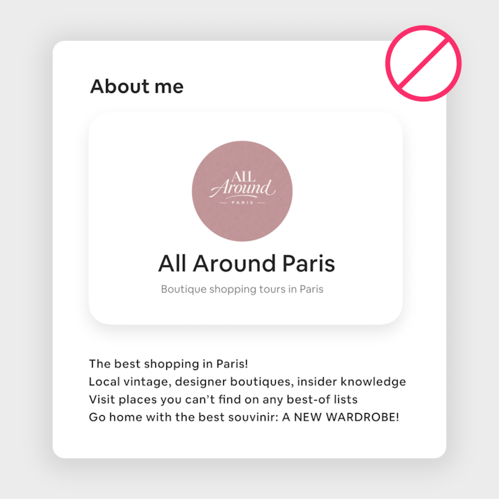 A listing for 'All Around Paris,' showcasing a logo with text explaining boutique shopping tours in Paris. The design includes a crossed-out icon, emphasizing what not to do.