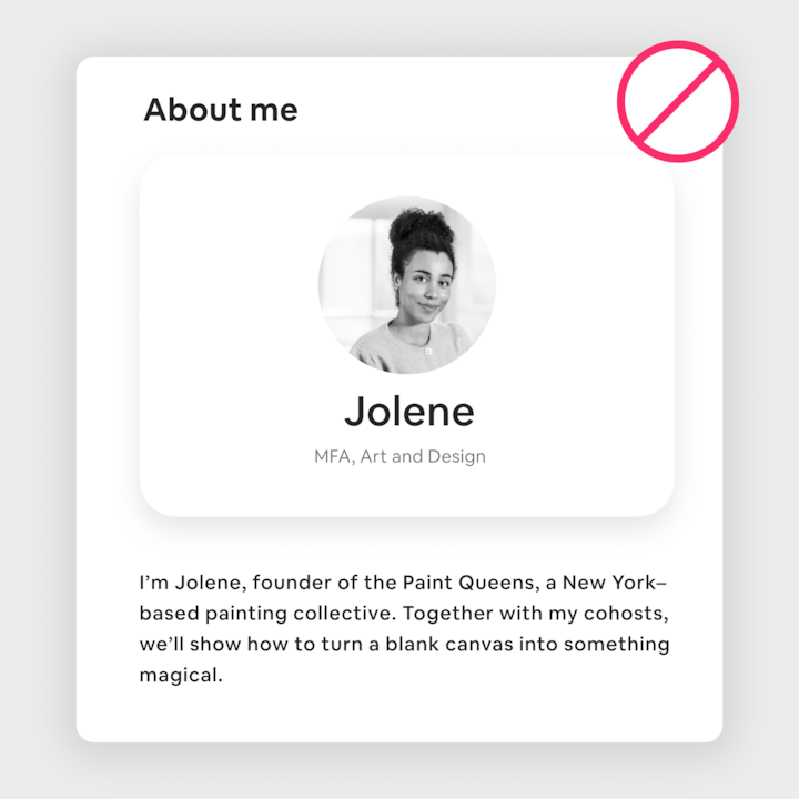 Profile card displaying Jolene's name, title as MFA in Art and Design, and a brief description about her founding the Paint Queens, a New York-based painting collective.