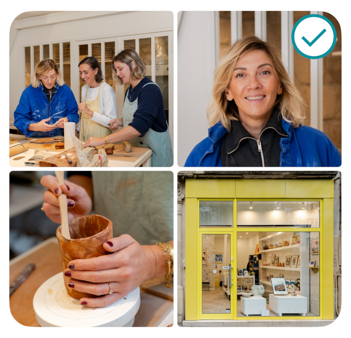 Una experiencia de alfarería ilustrada con imágenes que muestran un taller en marcha, una vista detallada de alguien creando una taza de arcilla, la fachada de un estudio de arte amarillo y una creadora con un delantal azul de pie cerca de la entrada.