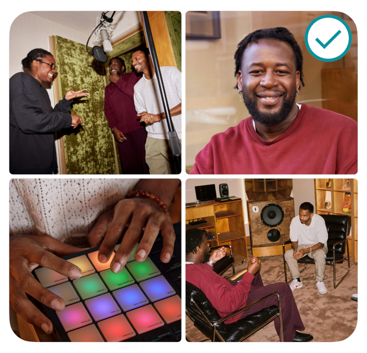 Un collage de una experiencia musical que muestra a los participantes en un estudio de grabación, un viajero con un símbolo de verificación, un primer plano de unas manos que manejan un mezclador de sonido y un encuentro relajado en un estudio casero con equipo de audio.