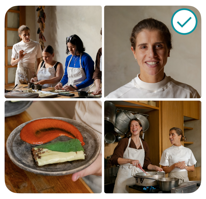 Dos personas con delantal trabajan juntas en los fogones de una cocina. Tienen utensilios de cocina y detrás de ellas hay estanterías.