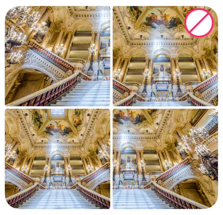 Cuatro imágenes que muestran una escalera ornamentada con escalones de mármol, balaustradas elaboradas, lámparas de araña y un techo pintado. Una de las imágenes está marcada con un icono rojo de prohibición.