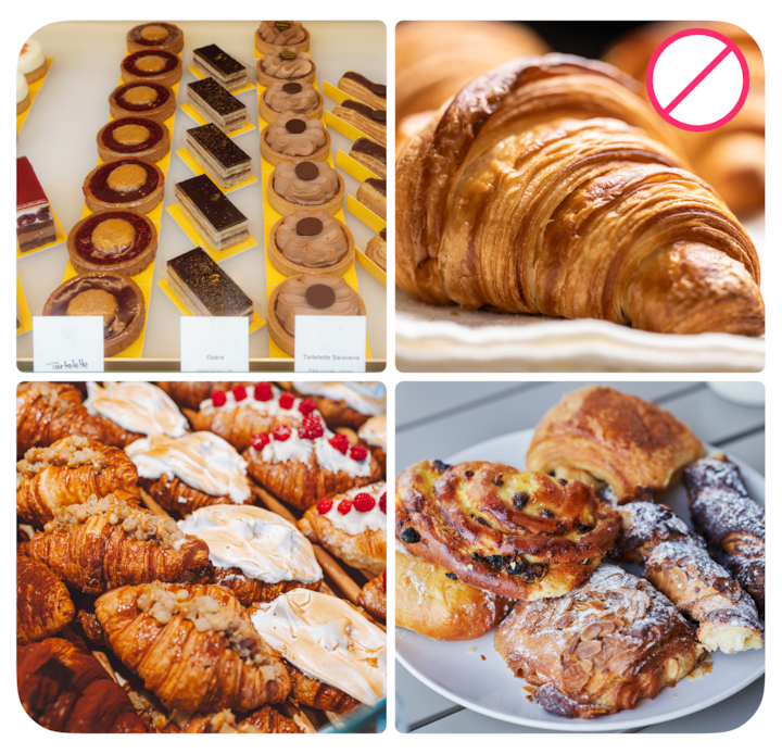 Cuatro imágenes de productos de repostería, incluidos cruasanes y tartaletas. Una foto de un cruasán está marcada con un símbolo de prohibición para destacar los errores que se deben evitar en las presentaciones de las experiencias en Airbnb.