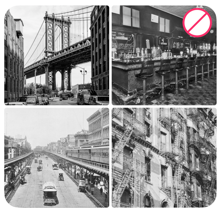 Un conjunto de fotos en blanco y negro que muestran un puente urbano, una calle antigua de una ciudad, un edificio con escaleras de incendios y una barra de un bar. En la imagen del bar aparece un símbolo rojo de prohibición para destacar las zonas que se deben evitar al crear experiencias en Airbnb.