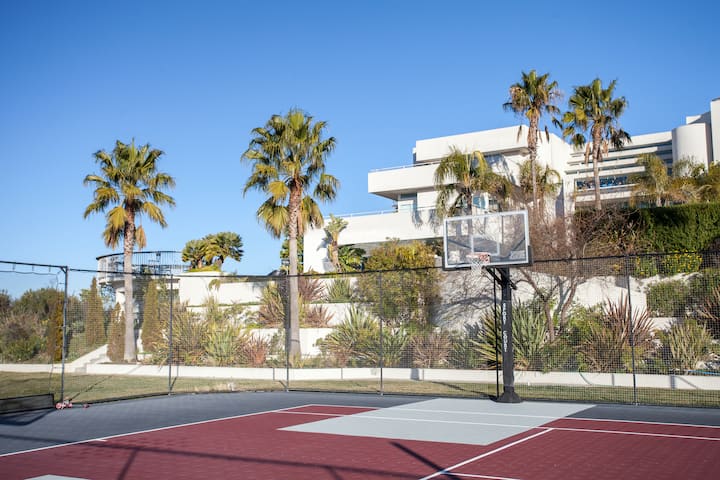 Propriété de luxe avec des palmiers et un terrain de basket extérieur privé sous un ciel bleu.