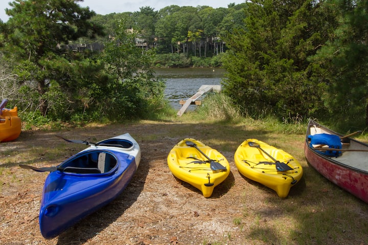 Un site en plein air au bord d'un lac avec un ponton, parfait pour les activités nautiques, avec des kayaks et un canoë entourés d'arbres et de feuillages.