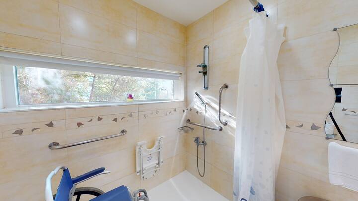 Salle de bain conçue pour l'accessibilité, comprenant des barres d'appui, un siège de douche, une douchette à main et un éclairage naturel provenant d'une large fenêtre.