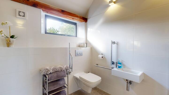 Une salle de bain accessible avec des barres d'appui à côté des toilettes et du lavabo, un porte-serviettes avec des serviettes pliées et une fenêtre laissant entrer la lumière naturelle.