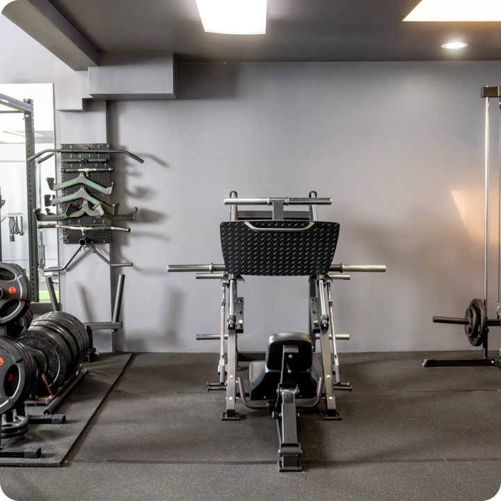 Une salle de sport avec une presse à jambes, des haltères bien rangés et des supports pour les accessoires d'entraînement, dans une pièce lumineuse au mur gris.
