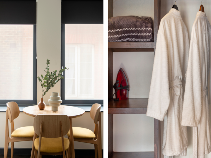 Deux images juxtaposées : un coin repas lumineux avec une table en bois sur laquelle repose une plante dans un vase, et une étagère avec du linge de maison plié, un fer à repasser rouge et deux peignoirs suspendus, évoquant un confort digne d'un chez-soi.