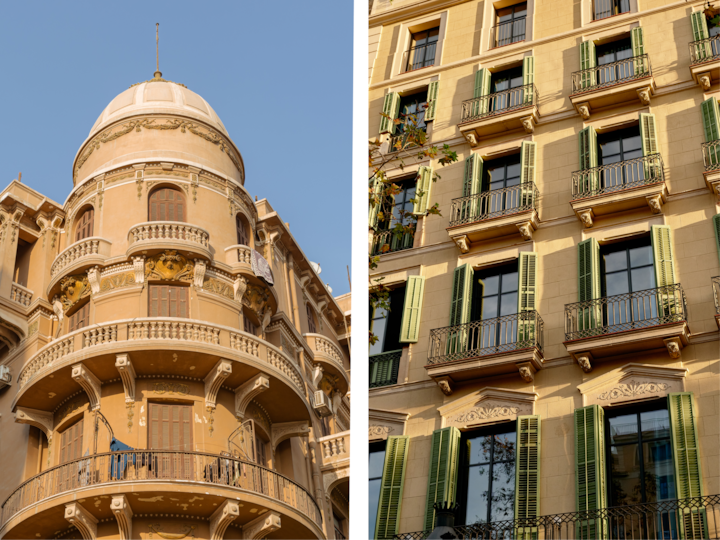 Une image divisée en deux montrant des détails architecturaux : un bâtiment beige en forme de dôme avec des balustrades complexes, à côté d'une façade ensoleillée dotée de volets verts, de hautes fenêtres et de moulures décoratives.