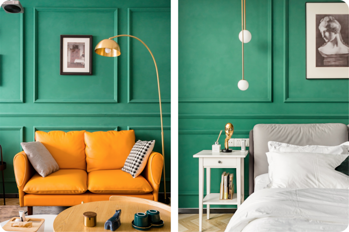 Un intérieur comme sorti d'un film, divisé en espaces de vie et de couchage et aux murs d'un vert audacieux. Sur la gauche, le salon accueille un canapé jaune moutarde, des coussins décoratifs et un lampadaire. À droite, la chambre est équipée d'un lit blanc, d'une table de chevet avec une lampe et des livres, et de suspensions modernes alliant chaleur et raffinement.