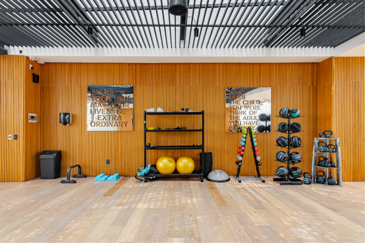 Une salle de sport lumineuse avec des murs en bois élégants, des équipements de fitness colorés tels que des kettlebells, des ballons de résistance et des tapis, ainsi que des miroirs ornés de citations motivantes, qui reflètent le style de la pièce.