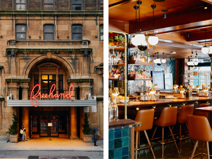 Deux images côte à côte montrent la grande entrée d'un hôtel de style rétro avec une enseigne lumineuse, et l'intérieur accueillant et bien éclairé de son bar.