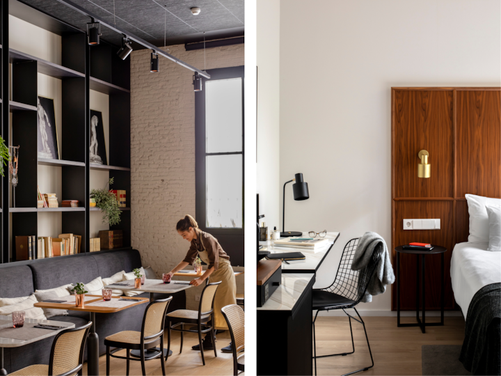 Vue côte à côte de l'ambiance d'un hôtel : à gauche, un coin repas raffiné avec des étagères noires et des livres décoratifs ; à droite, une chambre paisible avec une tête de lit en bois et une literie confortable, ainsi qu'un bureau élégant.