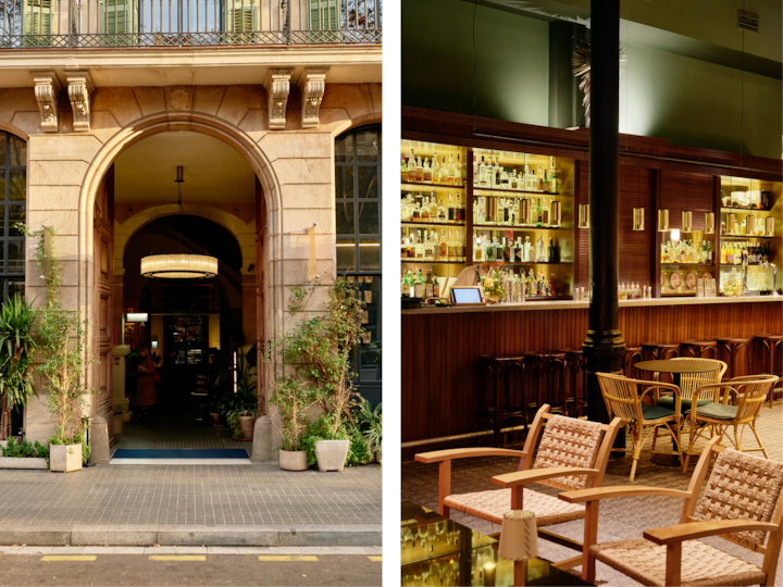L'entrée de l'hôtel, une arcade en pierre entourée de plantes, contraste avec un bar à l'ambiance intimiste et à l'éclairage chaleureux, devant un bar boisé avec une collection de bouteilles exposée sur des étagères éclairées.