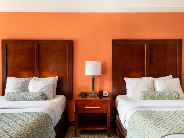 Une chambre d'hôtel confortable dotée de deux lits doubles recouverts d'oreillers blancs et d'une literie à motifs verts contrastant avec un mur orange vif, ainsi que d'une table de chevet en bois sur laquelle sont posés une lampe, un téléphone et un réveil.