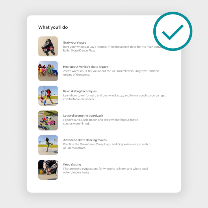 A checklist showcasing activities for a roller skating experience in Venice, including renting skates, learning skating techniques, exploring the boardwalk, and advanced skate dancing moves, accompanied by colorful images of participants.