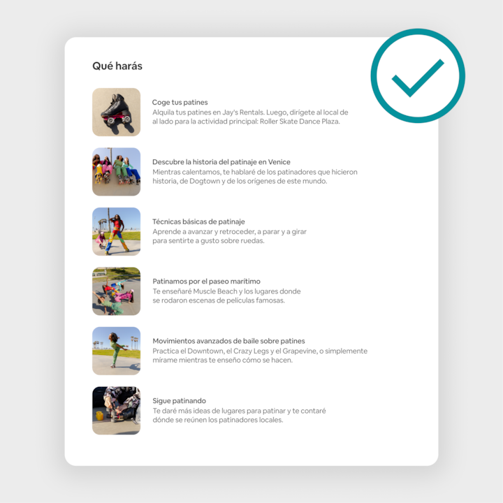 Una lista que muestra las actividades de una experiencia de patinaje en Venice Beach, como el alquiler de patines, el aprendizaje de técnicas de patinaje, descubrir el paseo marítimo y movimientos avanzados de baile sobre patines, acompañada de imágenes coloridas de los participantes.