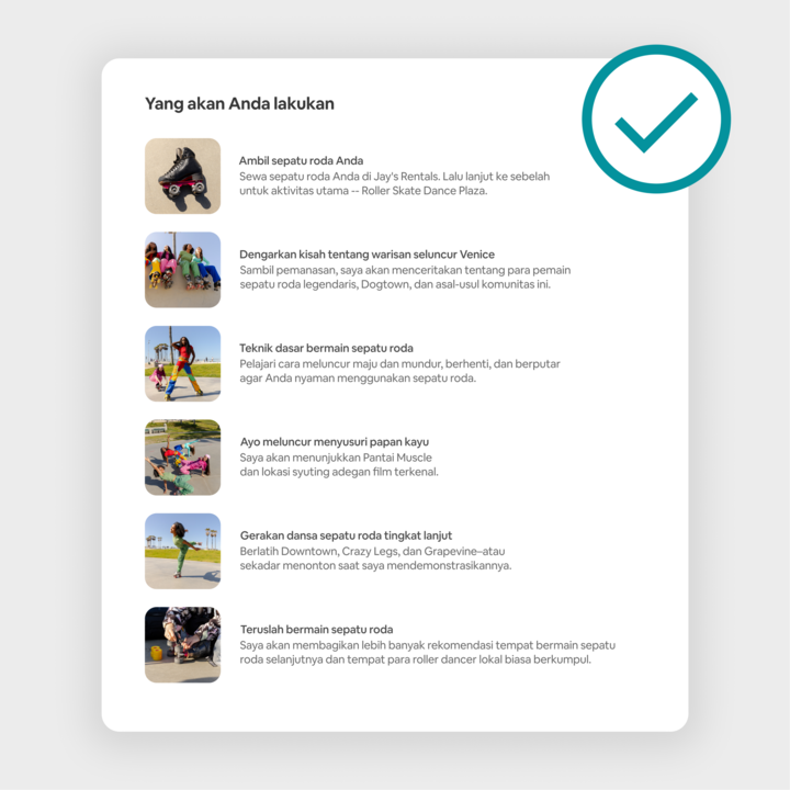 Daftar periksa yang menampilkan aktivitas pengalaman bermain sepatu roda di Venice, termasuk menyewa sepatu roda, mempelajari teknik bermain sepatu roda, menjelajahi boardwalk, dan gerakan menari dengan sepatu roda tingkat mahir, disertai foto peserta yang penuh warna.