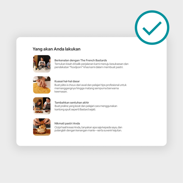 Grafis bergaya daftar periksa berjudul 'Agenda kegiatan', menampilkan langkah-langkah pengalaman membuat pastri: belajar sejarah pastri, menguasai teknik, menambahkan sentuhan akhir, dan menikmati pastri yang sudah dibuat.