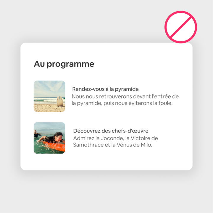 Image montrant la section « Au programme » avec deux options d'activités : une scène de plage intitulée « Rendez-vous à la pyramide » et une activité en kayak intitulée « Découvrez des chefs-d'œuvre ».