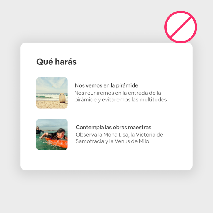 Una imagen que muestra la sección «Qué harás» con dos opciones de actividades: una escena de playa con el título «Nos vemos en la pirámide» y un paseo en kayak que dice «Contempla las obras maestras».