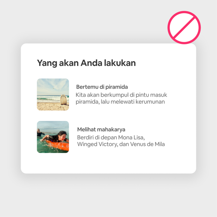 Gambar menampilkan 'Agenda kegiatan' dengan dua opsi aktivitas: pemandangan pantai berlabel 'Bertemu di piramida', dan kayak berlabel 'Lihat mahakarya'.