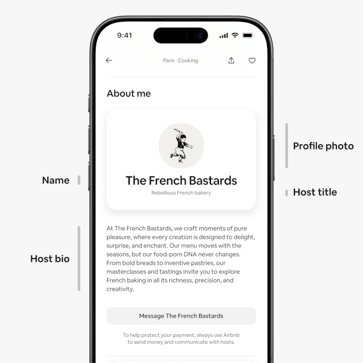 Airbnb host listing page on a mobile screen showing the 'About Me' section. The host profile includes a logo of a baker with a baguette, the name 'The French Bastards,' and the title 'Rebellious French bakery,' with a bio explaining their philosophy and iconic pastry-making classes.