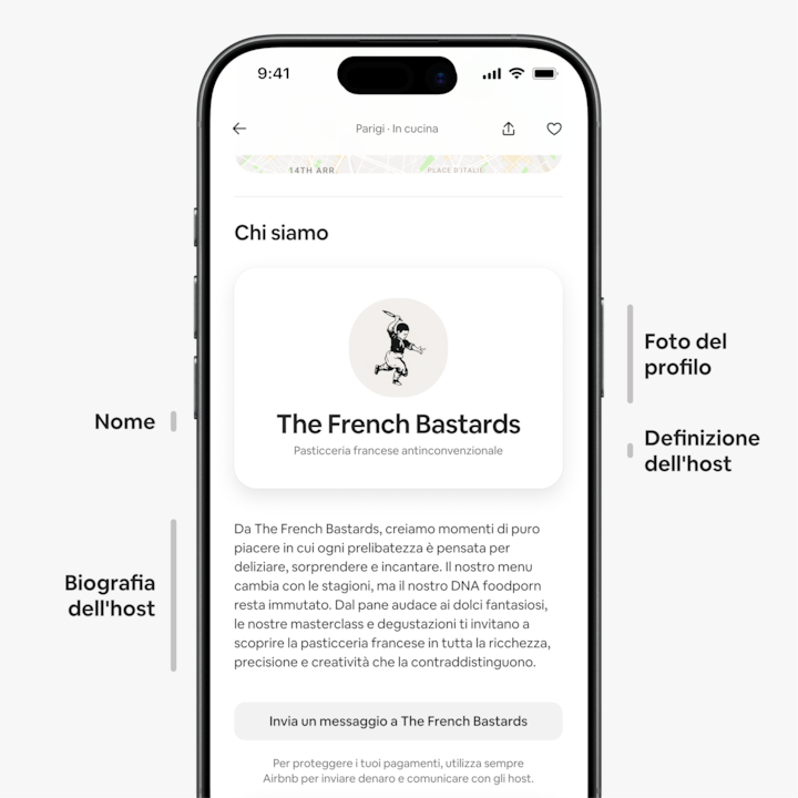 La pagina dell'annuncio di un host Airbnb sullo schermo di un dispositivo mobile che mostra la sezione "Chi sono". Il profilo dell'host include un logo raffigurante un panettiere con una baguette, il nome "The French Bastards" e il titolo "Pasticceria francese antinconvenzionale", con una biografia che spiega la filosofia dell'azienda e i suoi famosi corsi di pasticceria.