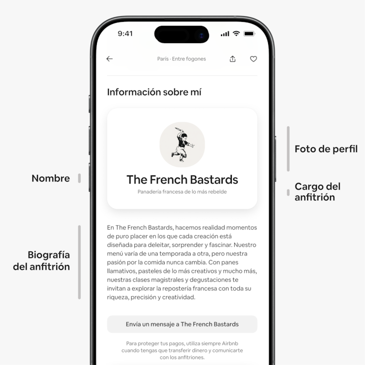 El anuncio de un anfitrión en Airbnb en la pantalla de un móvil muestra la sección «Sobre mí». El perfil del anfitrión incluye el logotipo de un panadero con una baguette, el nombre «The French Bastards» y el título «Panadería francesa de lo más rebelde», con una biografía que explica su filosofía y sus emblemáticas clases de repostería.