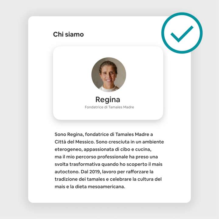 Pagina dell'annuncio di un'Esperienza Airbnb che mostra la sezione "Chi sono" di Regina, fondatrice di Tamales Madre, che racconta il suo percorso alla scoperta della cultura del mais e del patrimonio mesoamericano iniziato nel 2019.