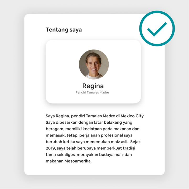 Halaman iklan pengalaman Airbnb menampilkan bagian 'Tentang saya' bersama Regina, pendiri Tamales Madre, yang menyoroti perjalanannya menekuni budaya maíz dan warisan Mesoamerika sejak 2019.