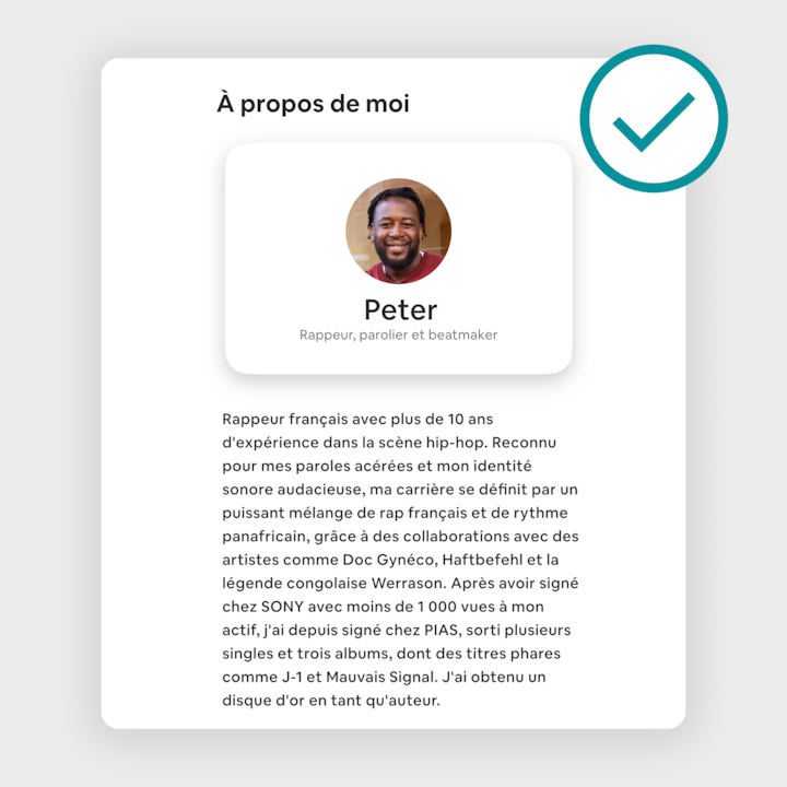 Profil de Peter sur une annonce Airbnb, détaillant ses réalisations en tant que rappeur et beatmaker, notamment ses albums, ses titres notables et son disque d'or.