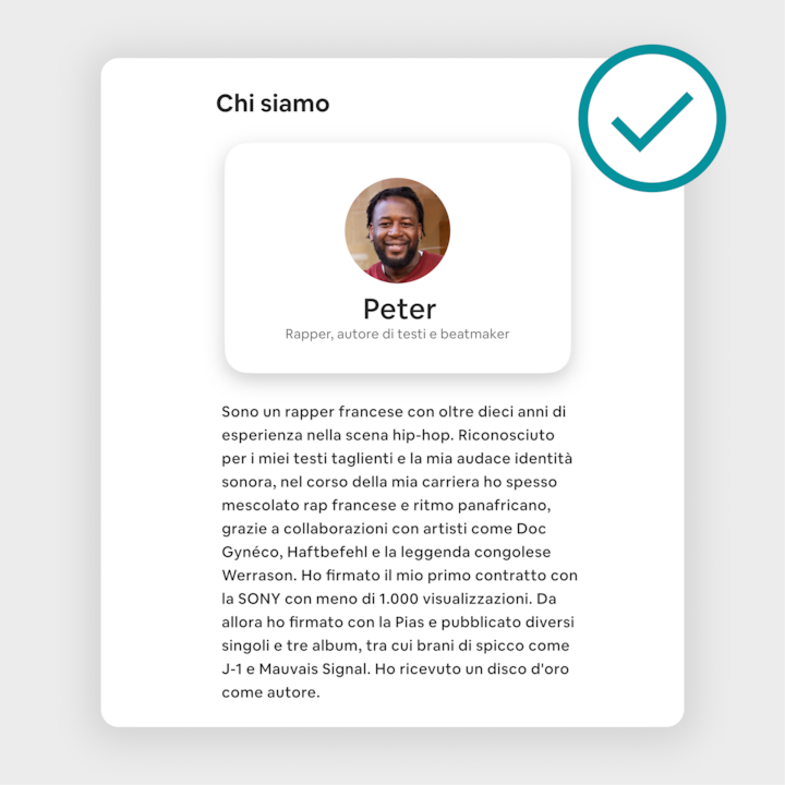 Profilo dell'annuncio Airbnb di Peter, che descrive i suoi successi come rapper e beatmaker, tra cui la pubblicazione di album, brani di spicco e un disco d'oro.