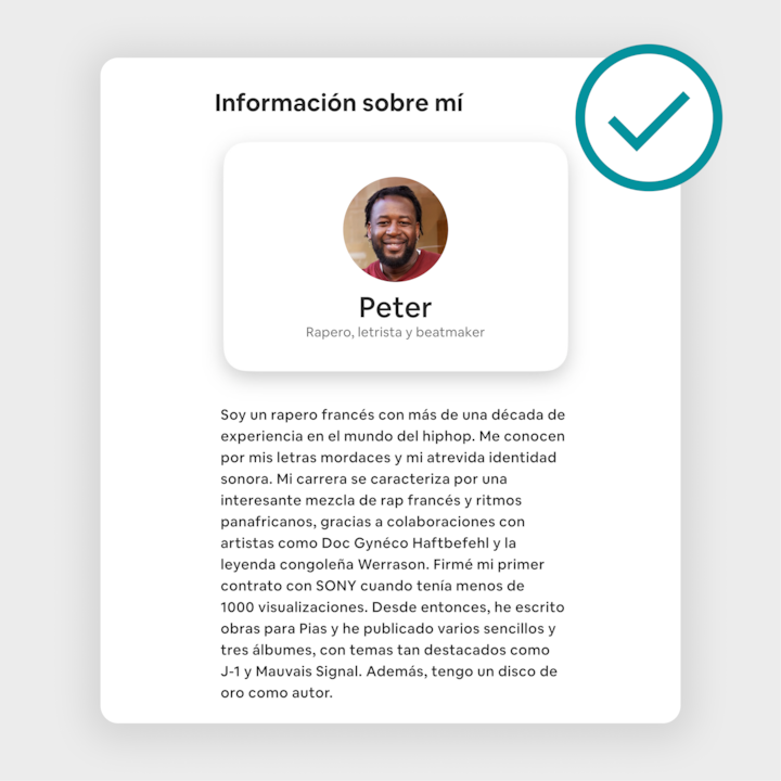 El perfil del anuncio en Airbnb de Peter, que detalla sus logros como rapero y productor, incluidos los álbumes que ha publicado, sus canciones más destacadas y un disco de oro.