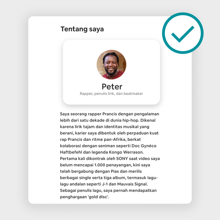 Profil iklan Airbnb untuk Peter, yang menjelaskan pencapaiannya sebagai rapper dan beatmaker, termasuk perilisan album, lagu populer, dan penghargaan piringan emas.